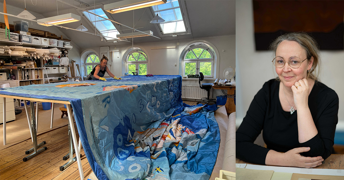 Anna Eriksson renoverar Gösta Werners ridå till Berga Örlogsbas